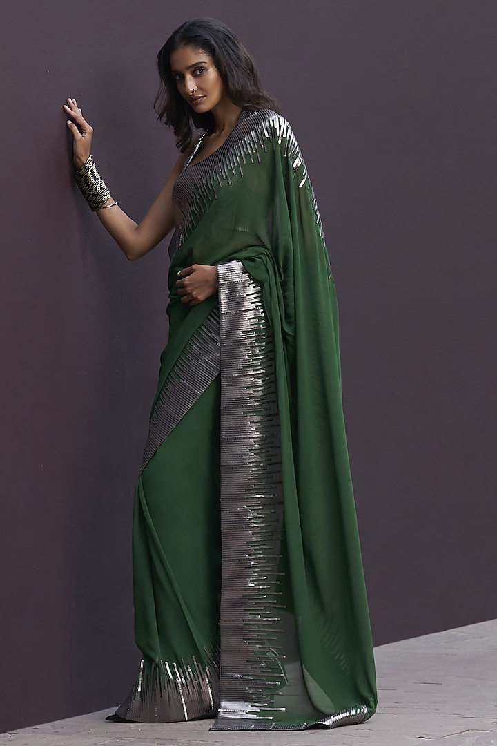 Green & Gunmetal Grey Georgette Draped Reception Saree Set by Sameer Madan at Pernia's Pop Up Shop