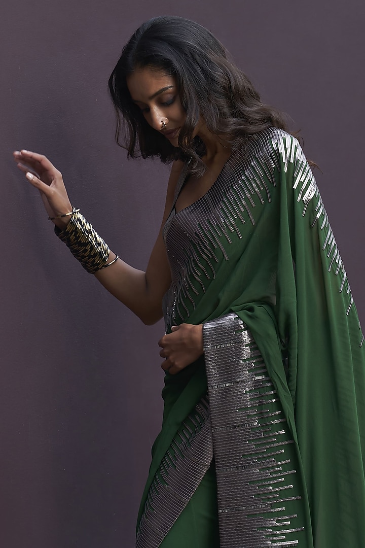 Green & Gunmetal Grey Georgette Draped Reception Saree Set by Sameer Madan at Pernia's Pop Up Shop