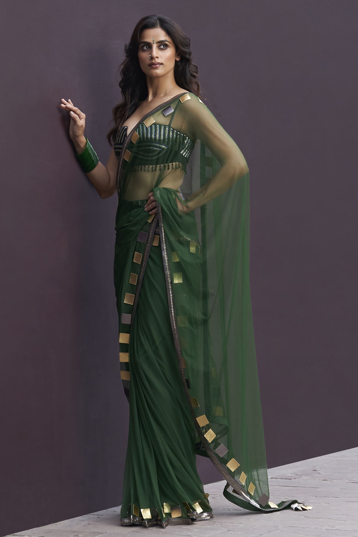 Sameer Madan Green & Gunmetal Gold Tulle Applique Embroidered Draped Saree Set