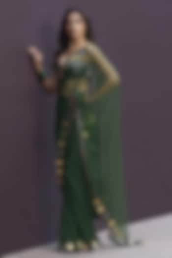 Green & Gunmetal Gold Tulle Applique Embroidered Draped Reception Saree Set by Sameer Madan at Pernia's Pop Up Shop