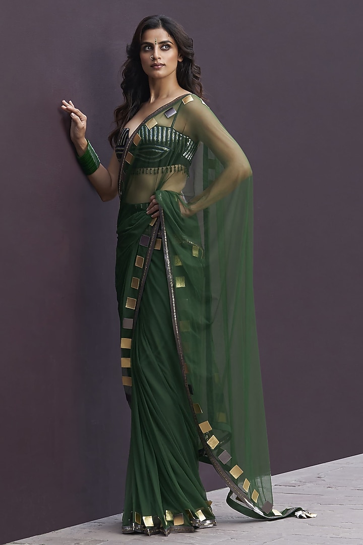 Green & Gunmetal Gold Tulle Applique Embroidered Draped Reception Saree Set by Sameer Madan at Pernia's Pop Up Shop