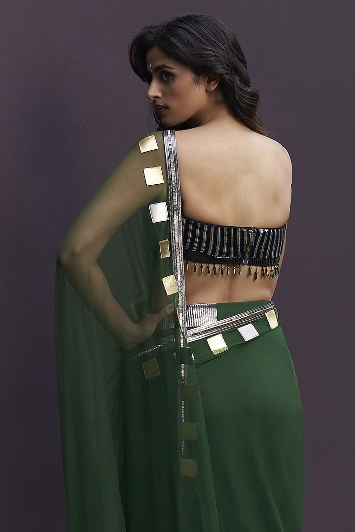 Green & Gunmetal Gold Tulle Applique Embroidered Draped Reception Saree Set by Sameer Madan at Pernia's Pop Up Shop