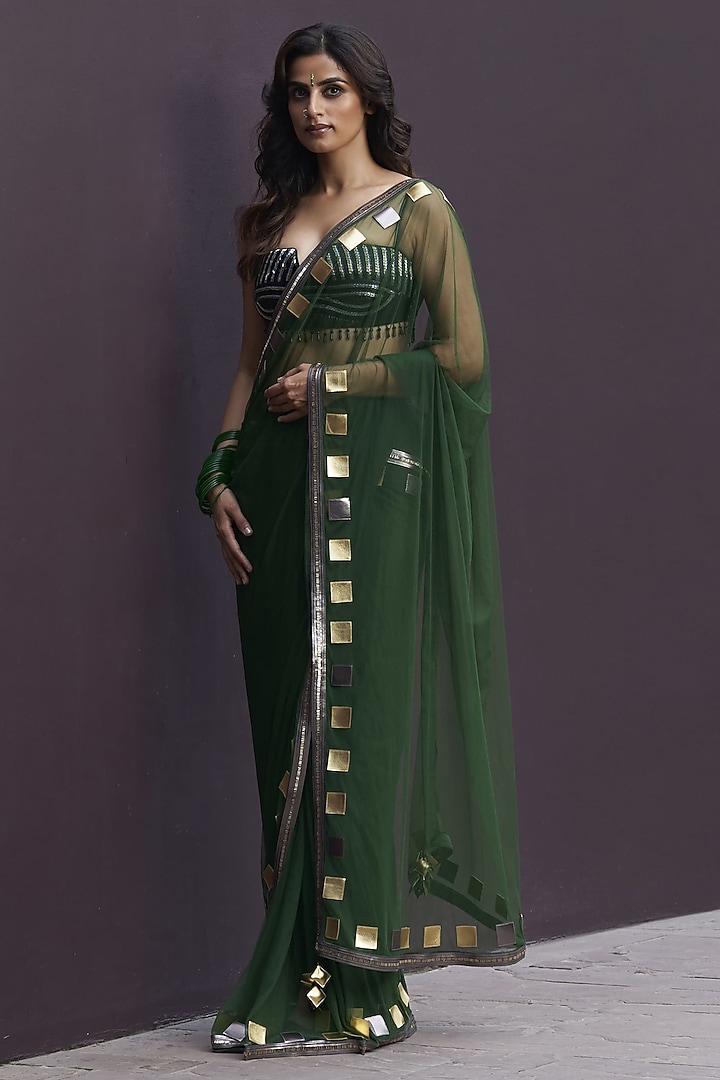 Green & Gunmetal Gold Tulle Applique Embroidered Draped Reception Saree Set by Sameer Madan at Pernia's Pop Up Shop