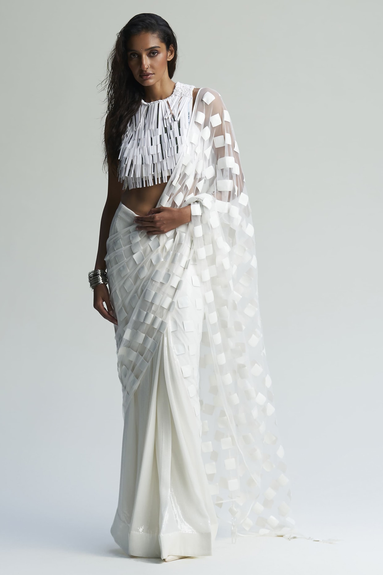 Sameer Madan White Net & Faux Leather Applique Embroidered Draped Saree Set