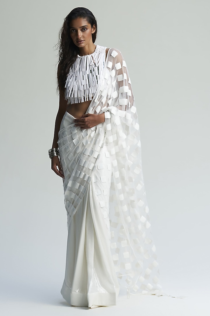 White Net & Faux Leather Applique Embroidered Draped Reception Saree Set by Sameer Madan at Pernia's Pop Up Shop