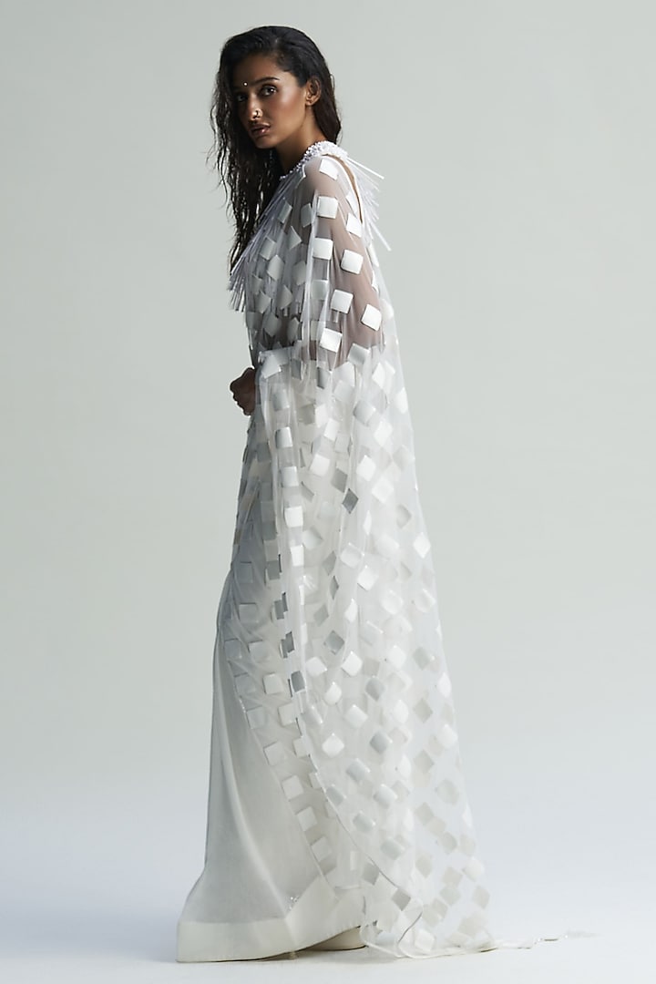 White Net & Faux Leather Applique Embroidered Draped Reception Saree Set by Sameer Madan at Pernia's Pop Up Shop
