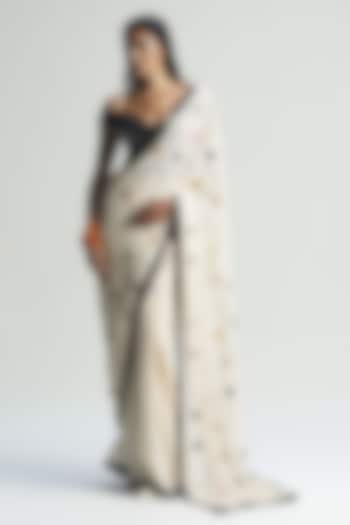 Almond-Colored Georgette Applique Embroidered Draped Wedding Saree Set by Sameer Madan at Pernia's Pop Up Shop