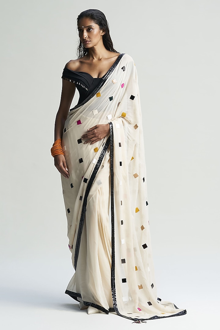 Almond-Colored Georgette Applique Embroidered Draped Wedding Saree Set by Sameer Madan at Pernia's Pop Up Shop