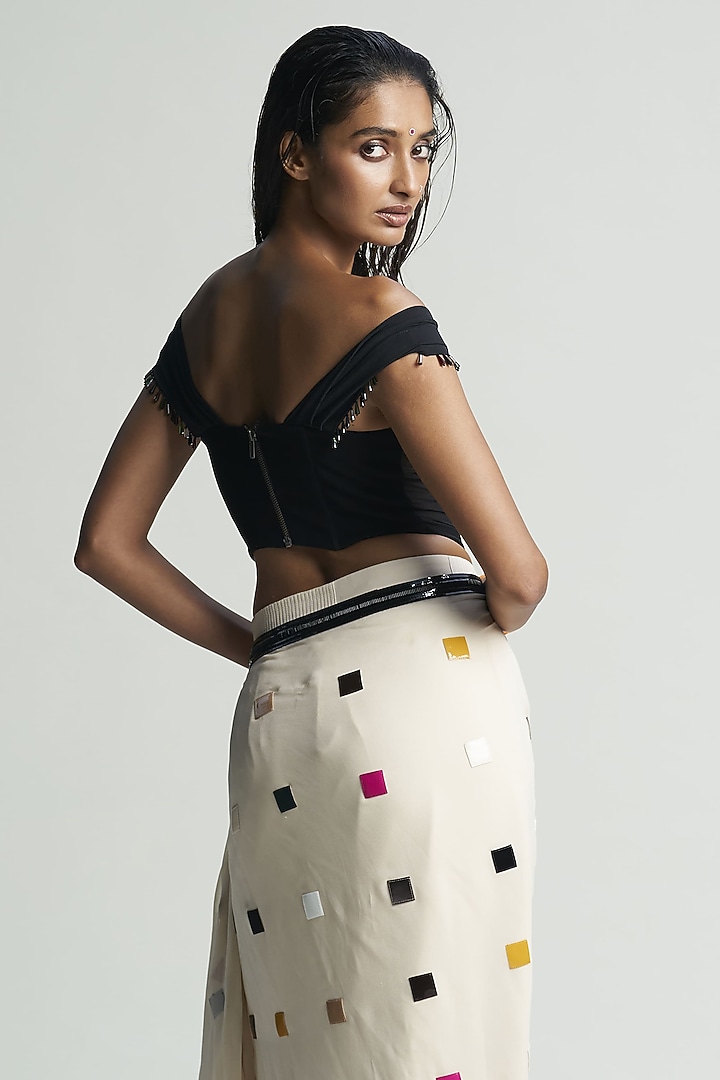 Almond-Colored Georgette Applique Embroidered Draped Wedding Saree Set by Sameer Madan at Pernia's Pop Up Shop