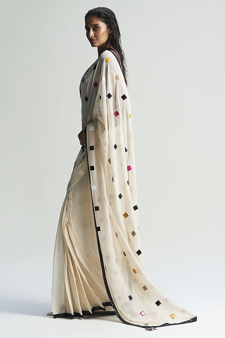 Almond-Colored Georgette Applique Embroidered Draped Wedding Saree Set by Sameer Madan at Pernia's Pop Up Shop