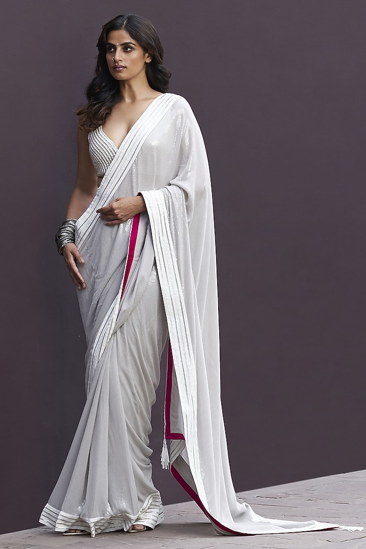 Silver & Grey Faux Leather Embroidered Draped Reception Saree Set by Sameer Madan at Pernia's Pop Up Shop