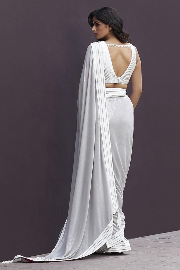 Silver & Grey Faux Leather Embroidered Draped Reception Saree Set by Sameer Madan at Pernia's Pop Up Shop