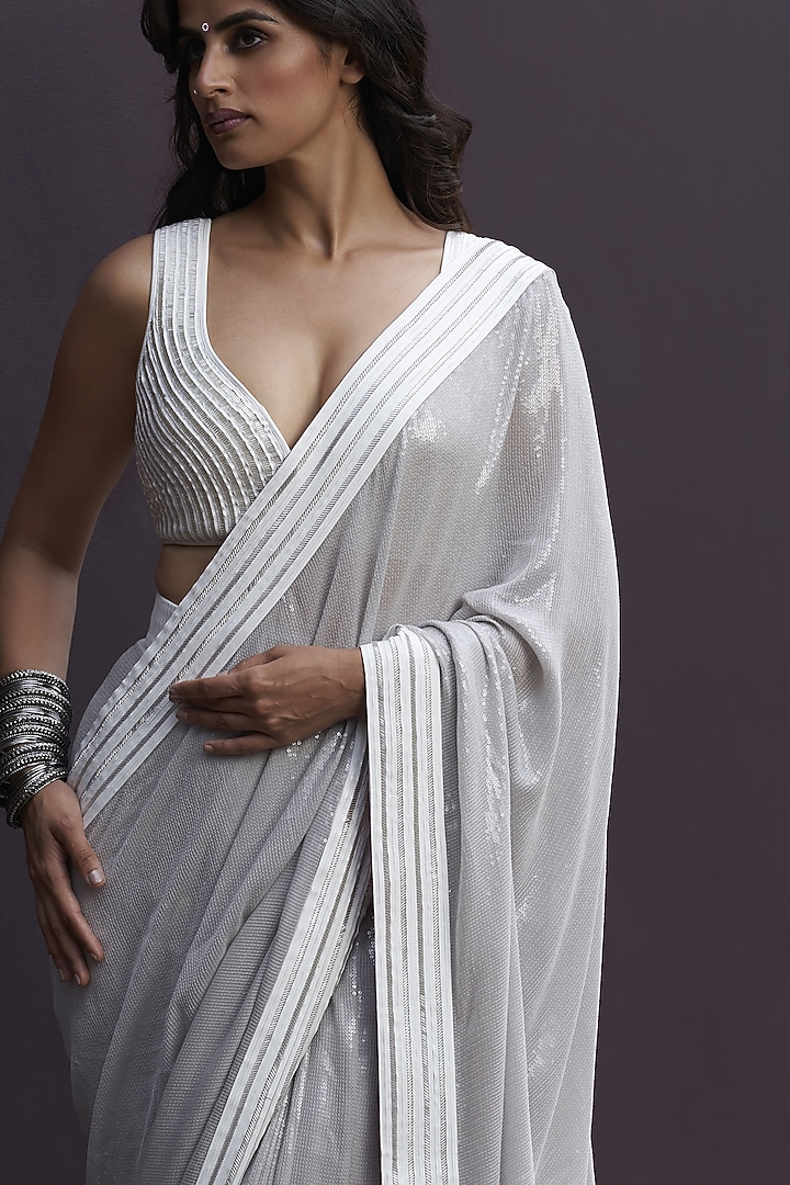 Silver & Grey Faux Leather Embroidered Draped Reception Saree Set by Sameer Madan at Pernia's Pop Up Shop