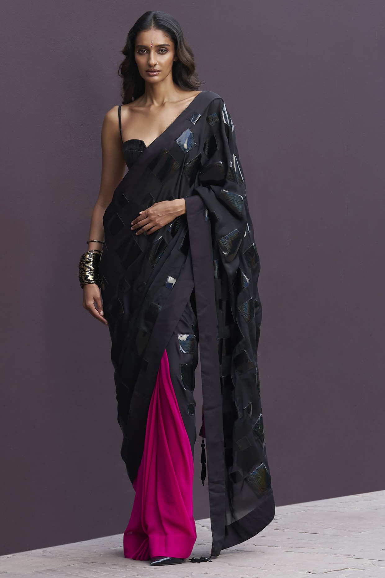 Sameer Madan Hot Pink & Black Georgette Applique Embroidered Draped Saree Set