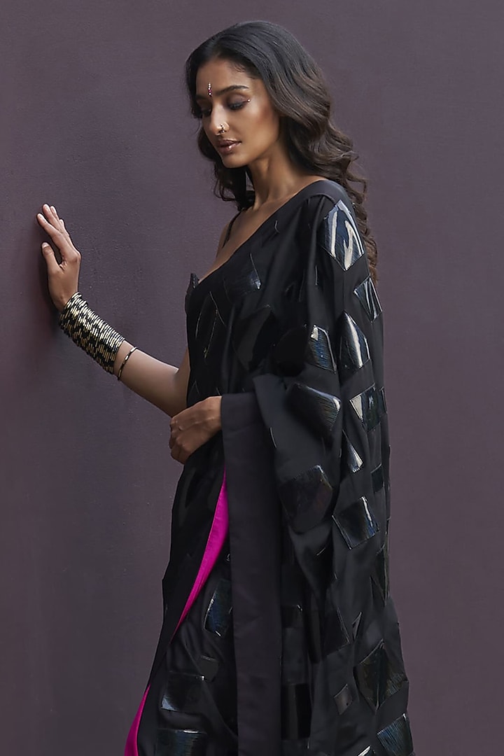 Hot Pink & Black Georgette Applique Embroidered Draped Wedding Saree Set by Sameer Madan at Pernia's Pop Up Shop
