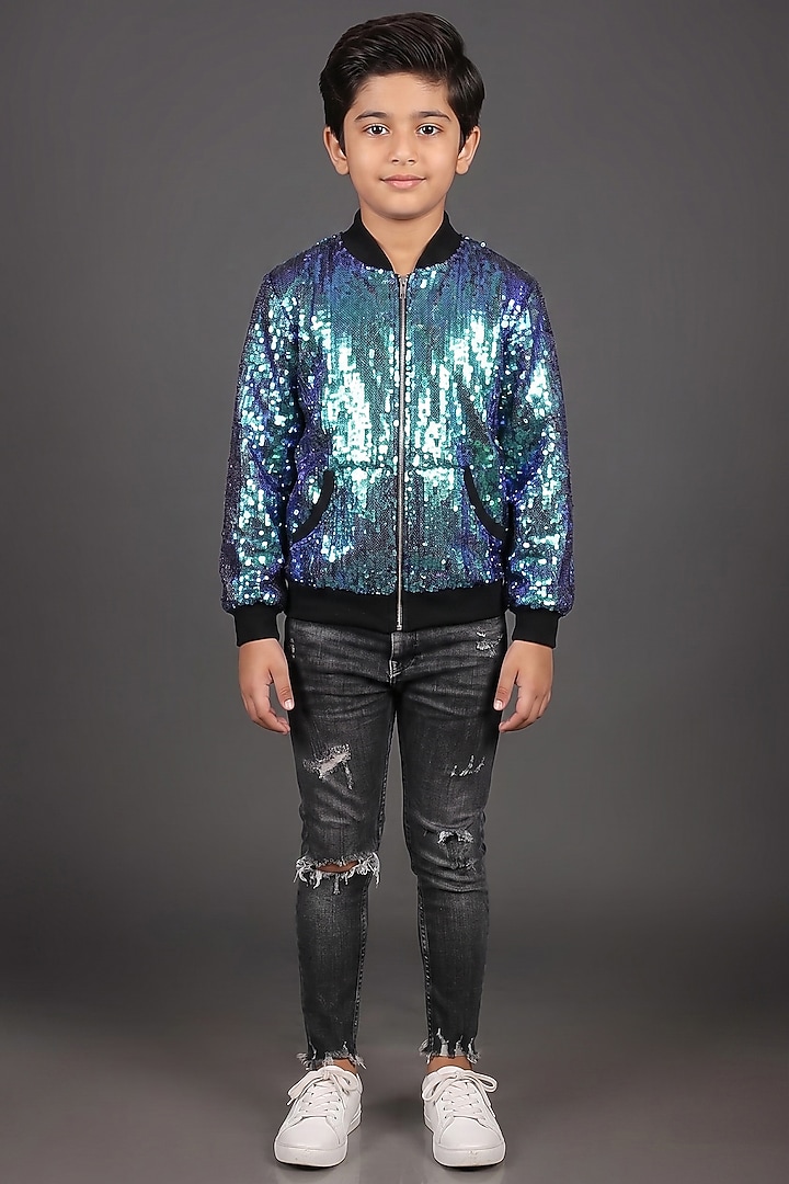 Cobalt Blue Georgette Sequin Work Bomber Jacket For Boys by Dapper & Dare Kids at Pernia's Pop Up Shop