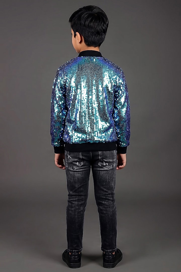 Cobalt Blue Georgette Sequin Work Bomber Jacket For Boys by Dapper & Dare Kids at Pernia's Pop Up Shop
