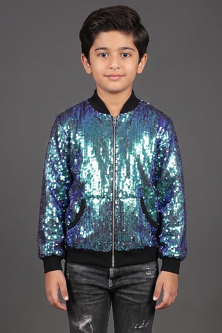 Cobalt Blue Georgette Sequin Work Bomber Jacket For Boys by Dapper & Dare Kids at Pernia's Pop Up Shop