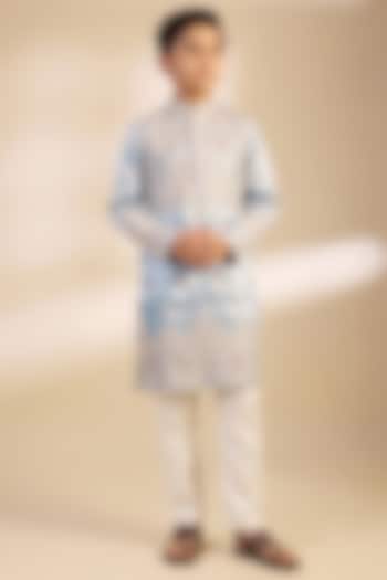 Light Powder Blue Satin Hand Embroidered Kurta Set For Boys by Dapper & Dare Kids at Pernia's Pop Up Shop