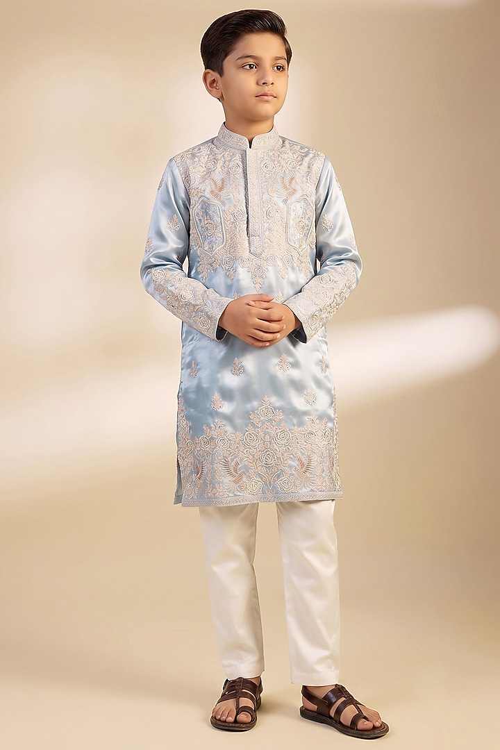 Light Powder Blue Satin Hand Embroidered Kurta Set For Boys by Dapper & Dare Kids at Pernia's Pop Up Shop