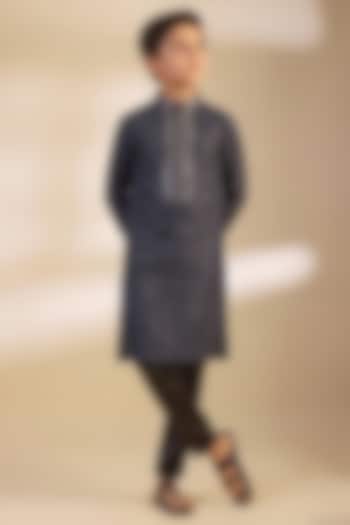 Midnight Blue Moonga Silk Paisley Printed & Embroidered Kurta Set For Boys by Dapper & Dare Kids at Pernia's Pop Up Shop