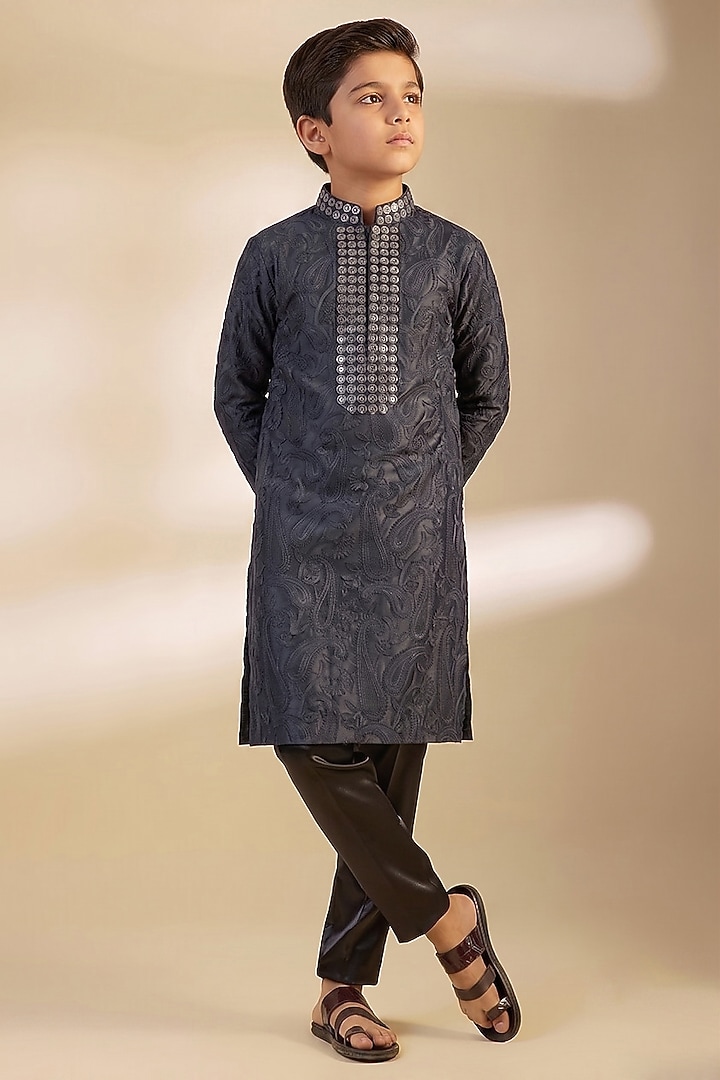 Midnight Blue Moonga Silk Paisley Printed & Embroidered Kurta Set For Boys by Dapper & Dare Kids at Pernia's Pop Up Shop