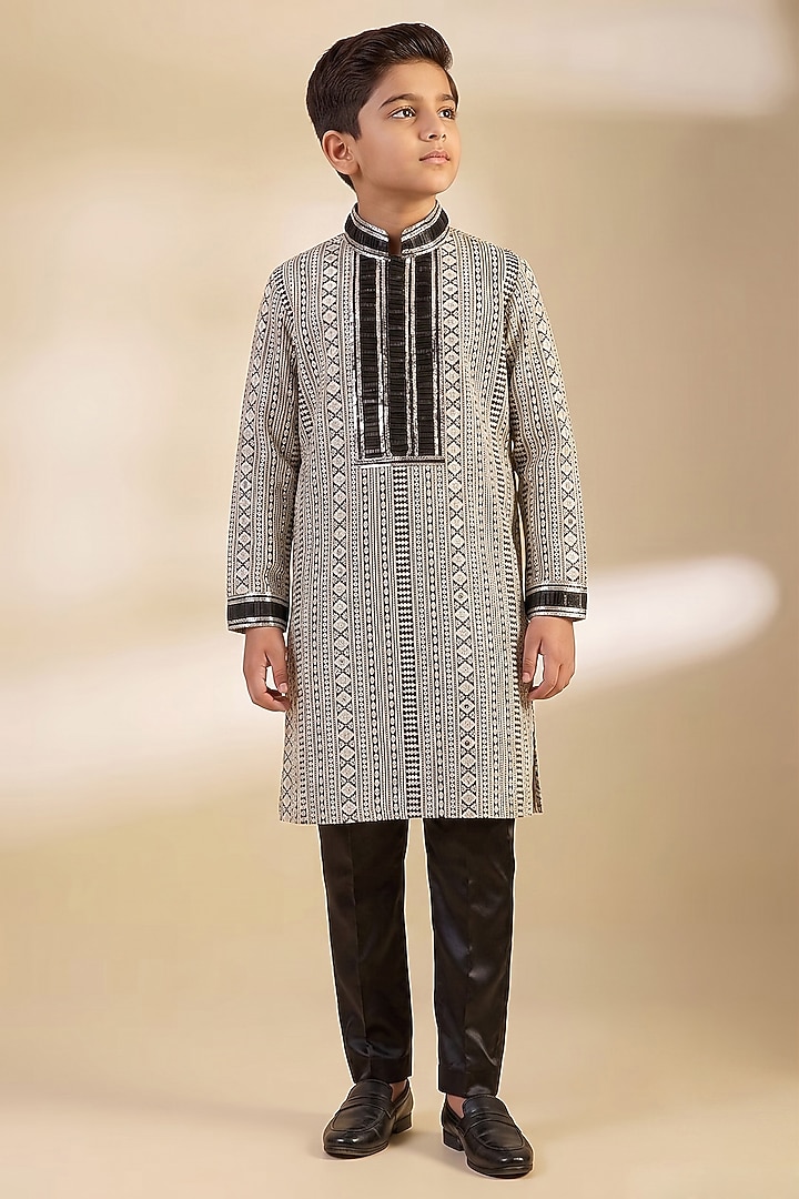 Black Dupion Silk Salli Embroidered Kurta Set For Boys by Dapper & Dare Kids at Pernia's Pop Up Shop