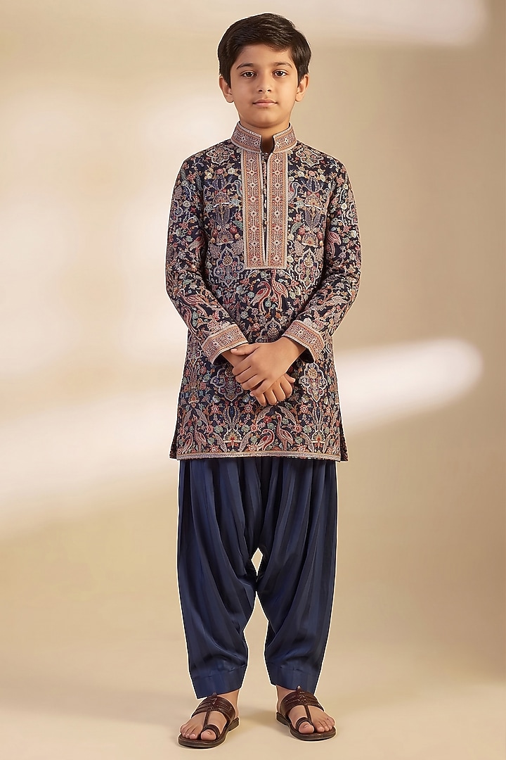 Midnight Blue Georgette Floral Embroidered Kurta Set For Boys by Dapper & Dare Kids at Pernia's Pop Up Shop