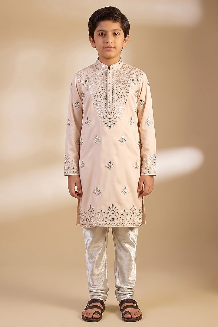 Light Pink Satin Thread Embroidered Kurta Set For Boys by Dapper & Dare Kids at Pernia's Pop Up Shop