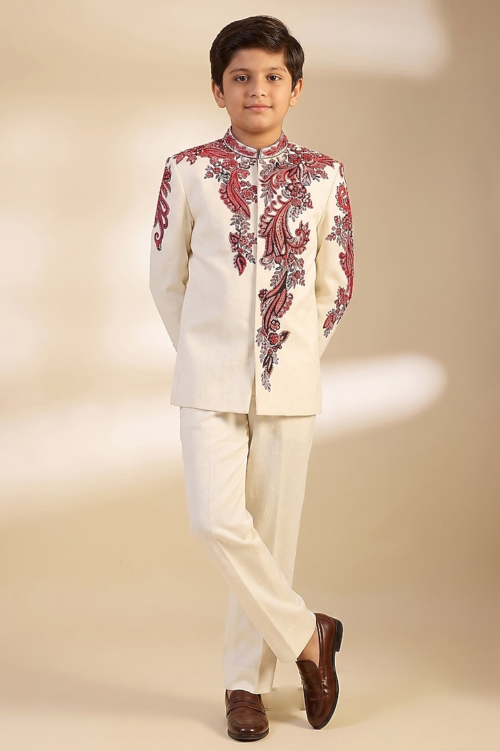 White & Red Crepe Sequin Embroidered Bandhgala Set For Boys by Dapper & Dare Kids at Pernia's Pop Up Shop