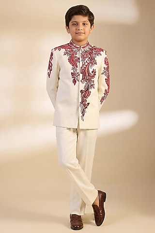 White & Red Crepe Sequin Embroidered Bandhgala Set For Boys by dapper & dare kids