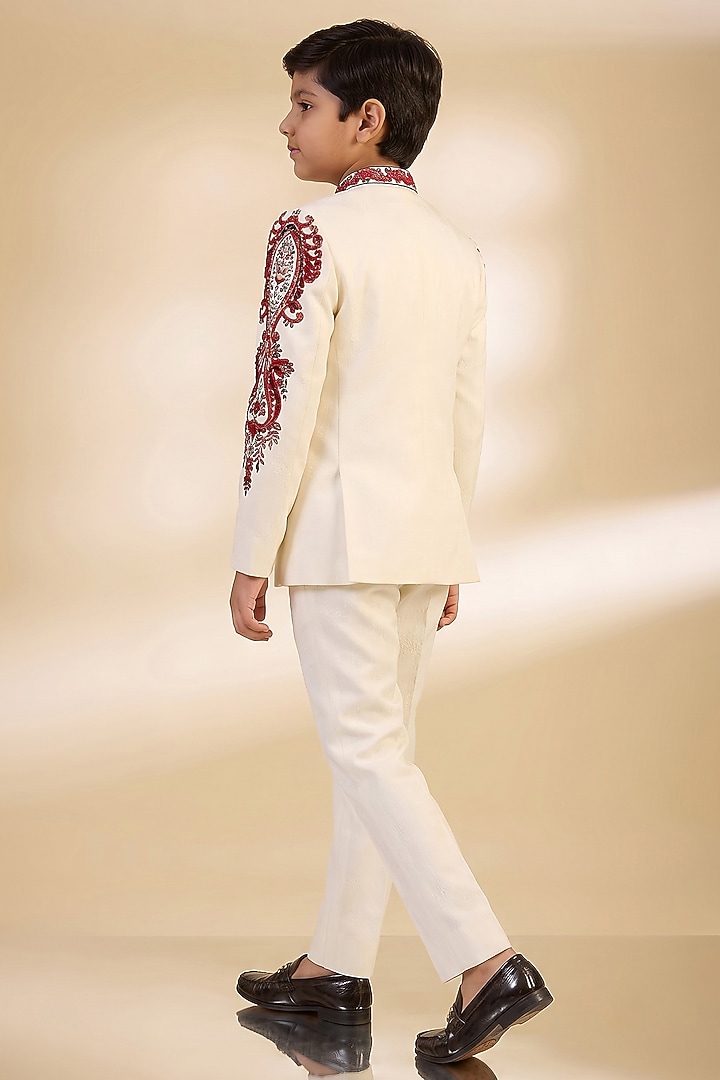 White & Red Crepe Sequin Embroidered Bandhgala Set For Boys by Dapper & Dare Kids at Pernia's Pop Up Shop