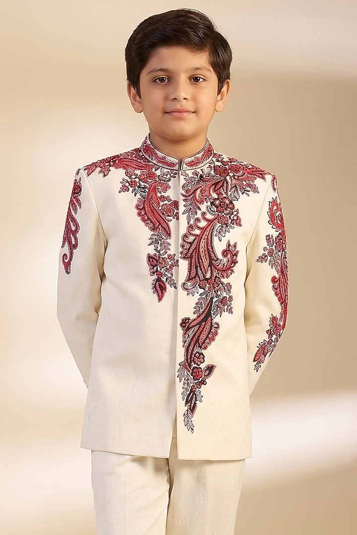 White & Red Crepe Sequin Embroidered Bandhgala Set For Boys by Dapper & Dare Kids at Pernia's Pop Up Shop