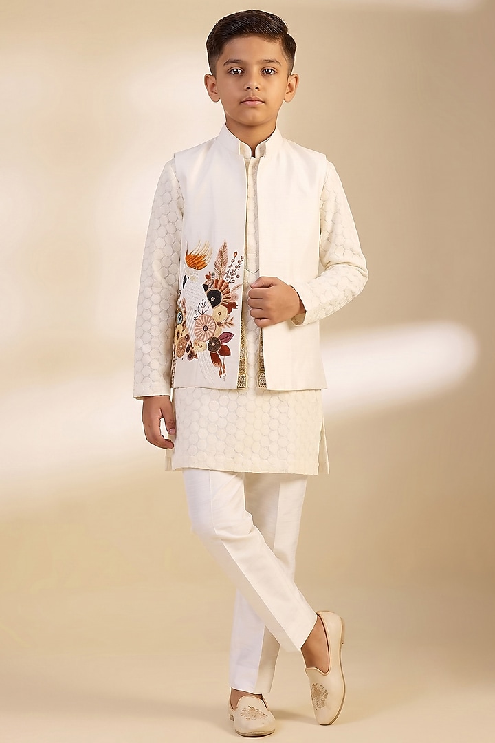 Ivory Raw Silk Floral Embroidered Bundi Jacket Set For Boys by Dapper & Dare Kids at Pernia's Pop Up Shop
