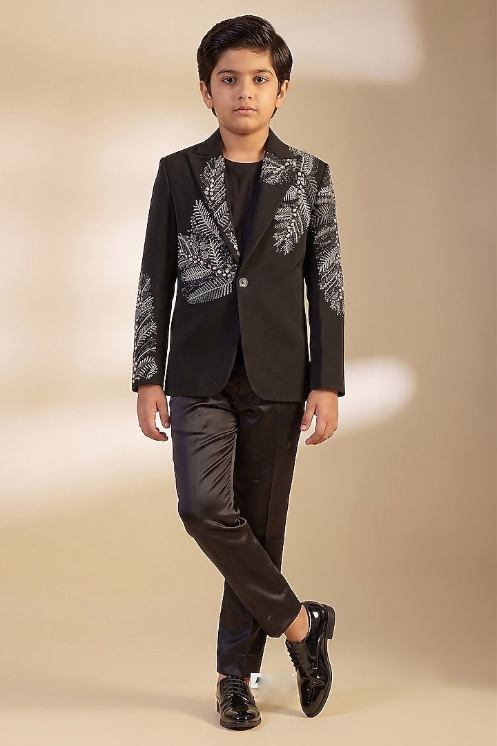 Black Japanese Twill Swarovski Embroidered Tuxedo Set For Boys by Dapper & Dare Kids at Pernia's Pop Up Shop