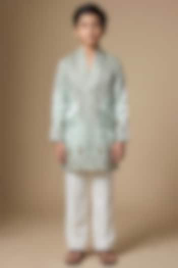 Light Sea Green Liquid Satin Mirror Embroidered Kurta Set For Boys by Dapper & Dare Kids at Pernia's Pop Up Shop