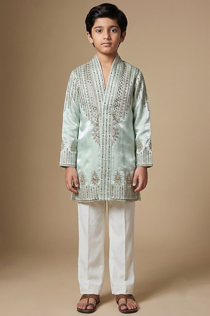 Light Sea Green Liquid Satin Mirror Embroidered Kurta Set For Boys by Dapper & Dare Kids at Pernia's Pop Up Shop
