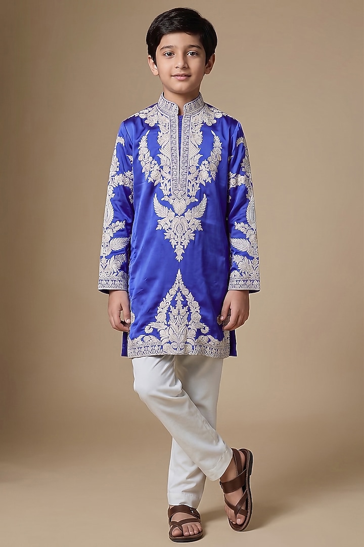 Cobalt Blue Armani Satin Cutdana Embroidered Kurta Set For Boys by Dapper & Dare Kids at Pernia's Pop Up Shop