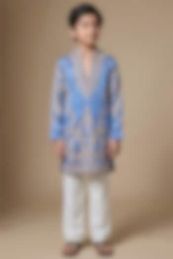 Cerulean Blue Armani Satin Cutdana Embroidered Kurta Set For Boys by Dapper & Dare Kids at Pernia's Pop Up Shop