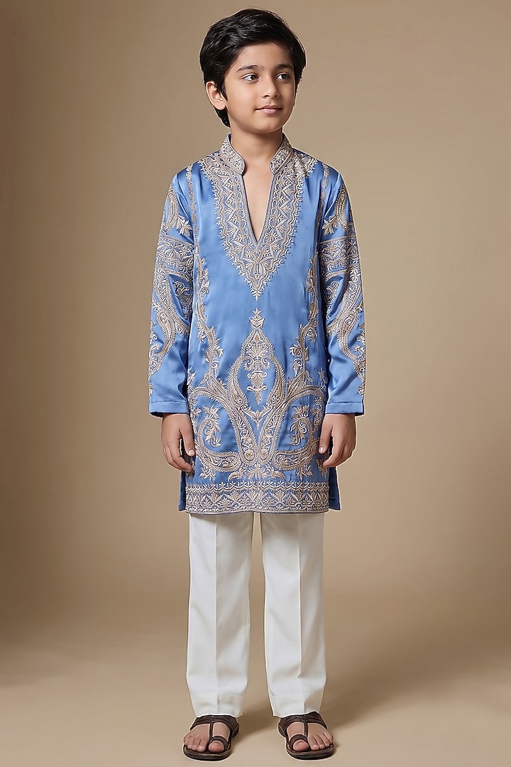 Cerulean Blue Armani Satin Cutdana Embroidered Kurta Set For Boys by Dapper & Dare Kids at Pernia's Pop Up Shop