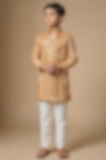 Bronze Gold Liquid Satin Mirror Embroidered Kurta Set For Boys by Dapper & Dare Kids at Pernia's Pop Up Shop