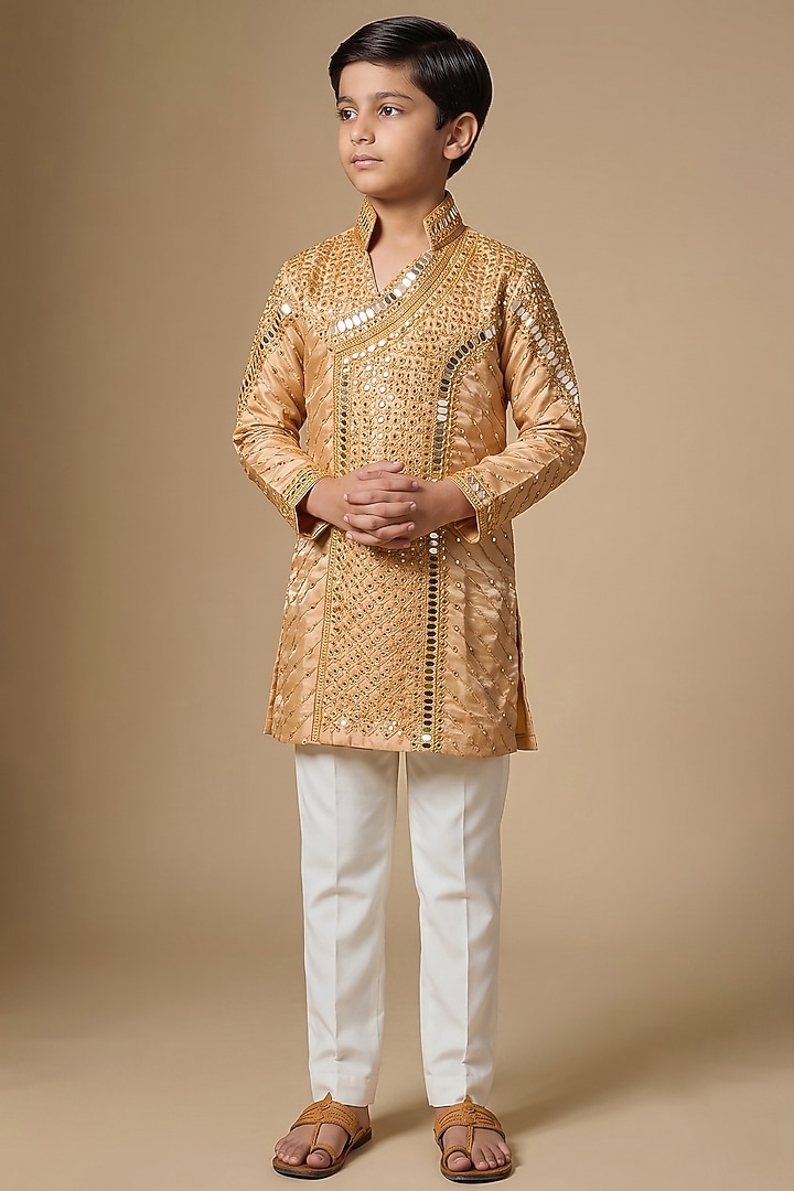 Bronze Gold Liquid Satin Mirror Embroidered Kurta Set For Boys by Dapper & Dare Kids at Pernia's Pop Up Shop