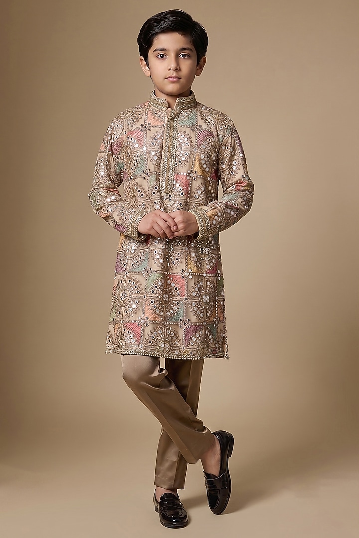 Brown Georgette Geometric Embroidered Kurta Set For Boys by Dapper & Dare Kids at Pernia's Pop Up Shop