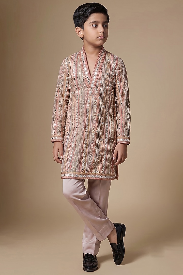Multi-Colored Sequin Net Mirror Embroidered Kurta Set For Boys by Dapper & Dare Kids at Pernia's Pop Up Shop