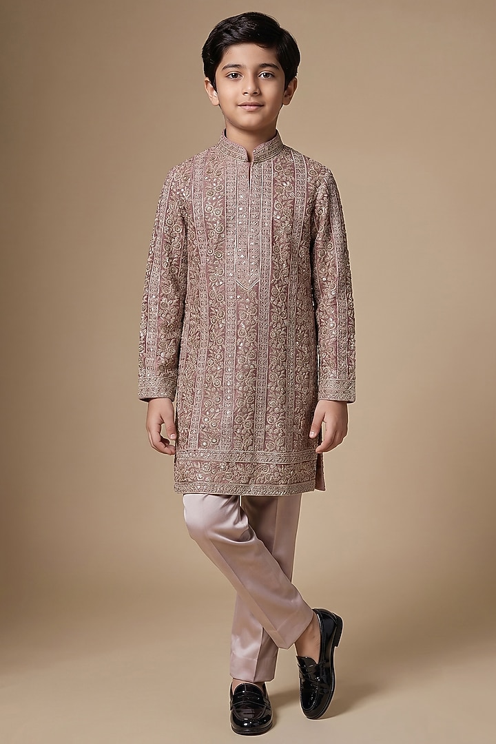Purple Georgette Floral Embroidered Kurta Set For Boys by Dapper & Dare Kids at Pernia's Pop Up Shop