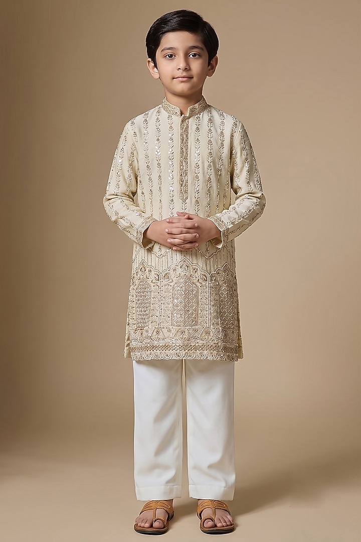Champagne Gold Georgette Sequin Embroidered Kurta Set For Boys by Dapper & Dare Kids at Pernia's Pop Up Shop