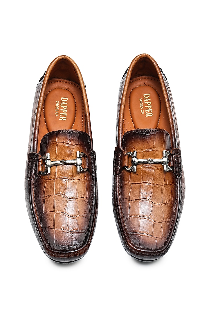 Tan & Brown Crocodile Finish Leather Hand Painted Loafers by Dapper Shoes Co.