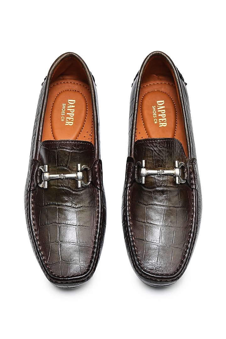 Olive Green Crocodile Finish Leather Hand Painted Loafers by Dapper Shoes Co.