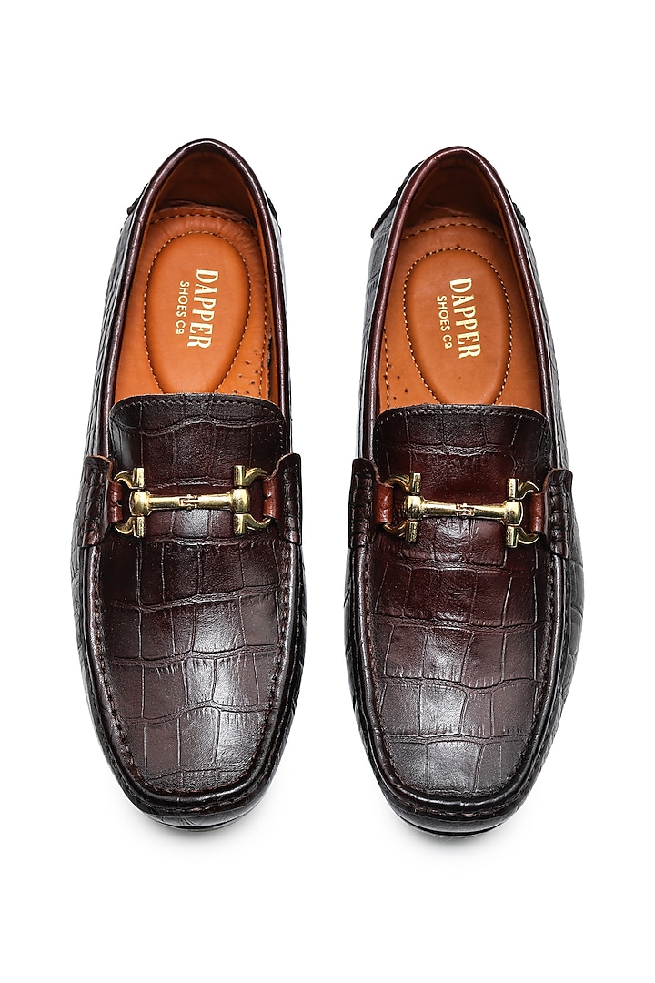 Brown Green Crocodile Finish Leather Hand Painted Loafers by Dapper Shoes Co.