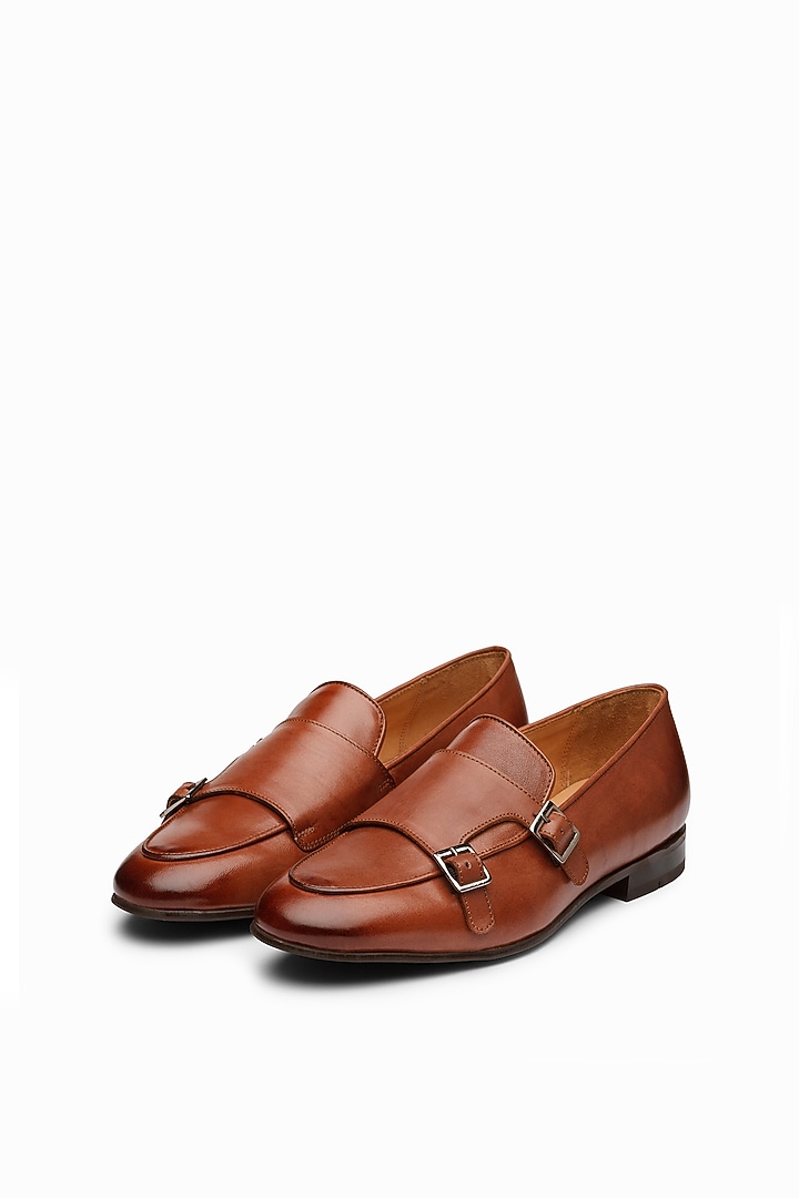 Cognac Calf Leather Double Monk Loafers by Dapper Shoes Co. at Pernia's Pop Up Shop